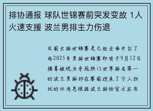排协通报 球队世锦赛前突发变故 1人火速支援 波兰男排主力伤退