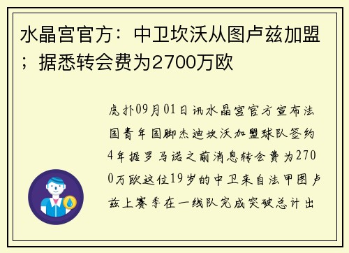 水晶宫官方：中卫坎沃从图卢兹加盟；据悉转会费为2700万欧