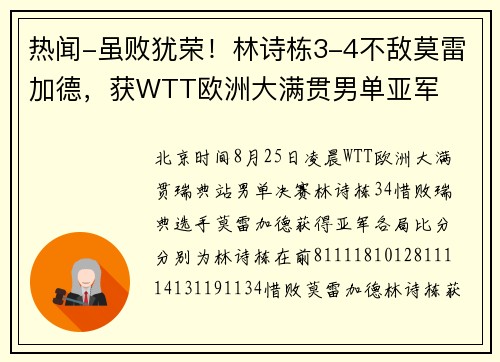 热闻-虽败犹荣！林诗栋3-4不敌莫雷加德，获WTT欧洲大满贯男单亚军